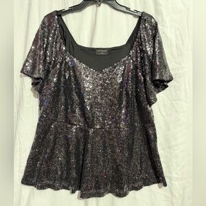 Lane Bryant Black and silver Sequin Short Sleeve PeplumTop